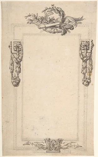 Design for a Cartouche or Frame with Four Groups of Military Ornament: Flames and Thunderbolts on bottom; Swags of Bombs at Sides; Sword, Baton, and Laurel Top. by anonymous, drawing, 1700-1800