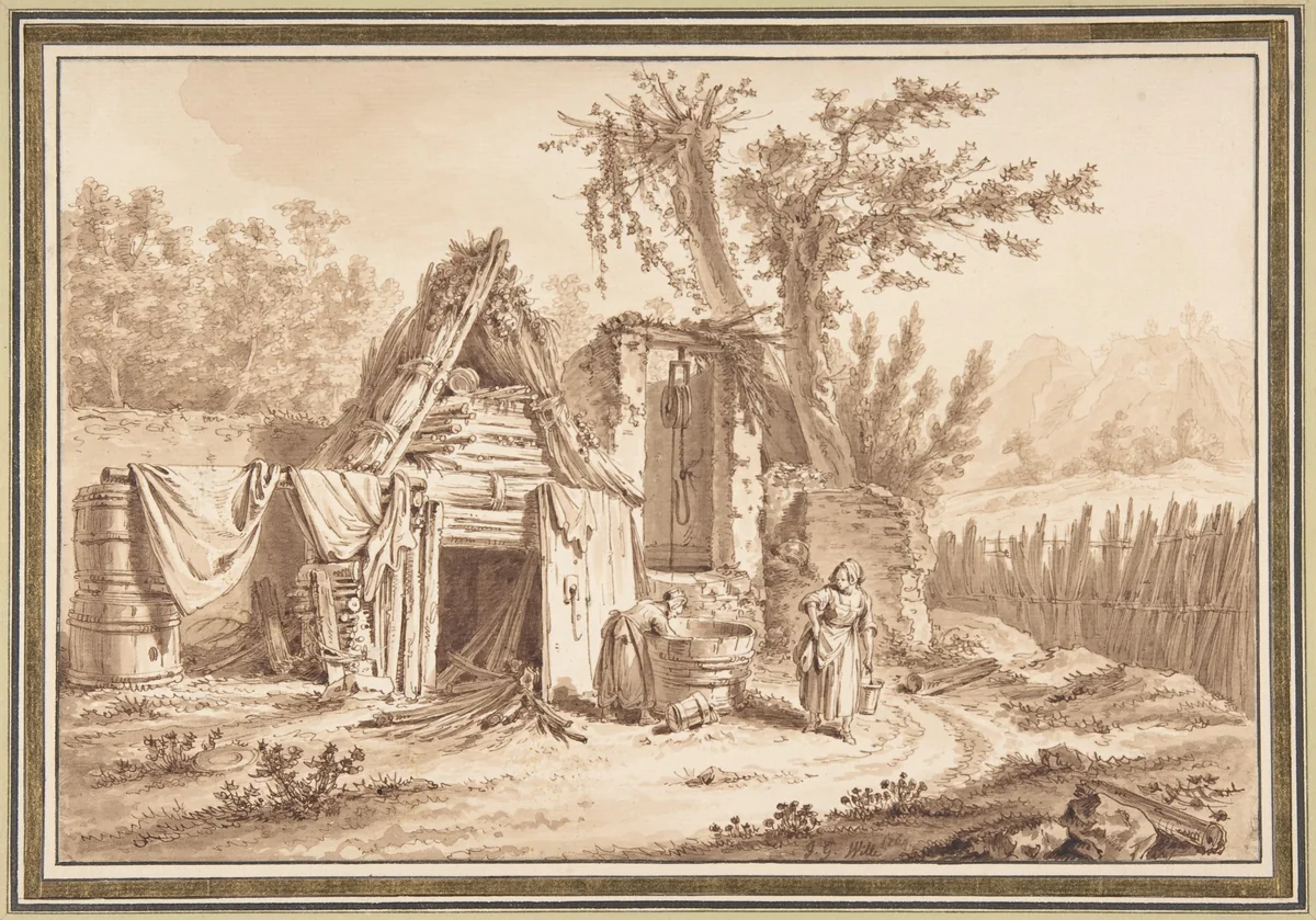 Washerwomen in Front of a Cottage by Johann Georg Wille, drawing, 1769