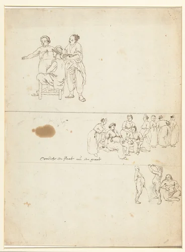 Schetsen van een man, vrouwen en naakte mannen by Wouter Schouten, drawing, 1660
