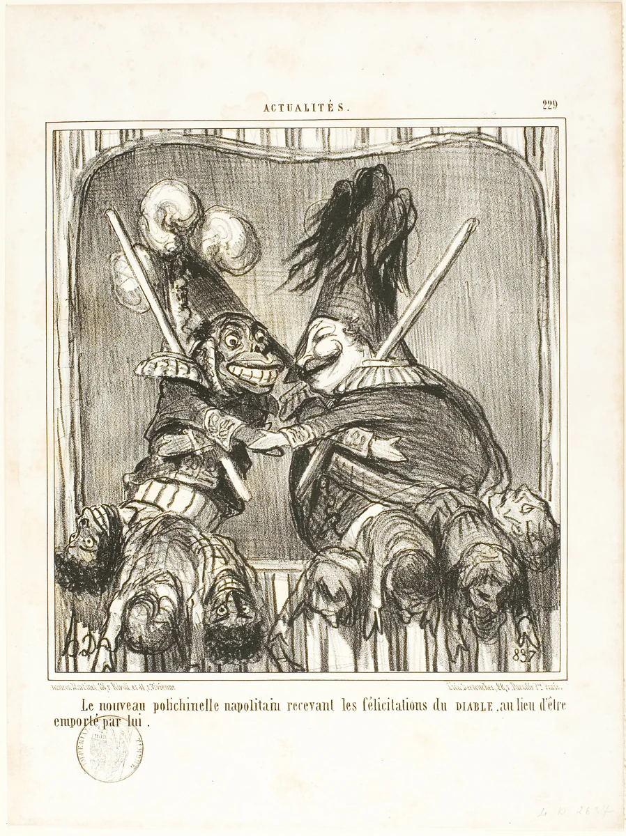 The New Neapolitan Buffoon. Receiving the congratulations of the DEVIL instead of being carried off by him, plate 229 from Actualités by Honoré-Victorin Daumier, print, 1855