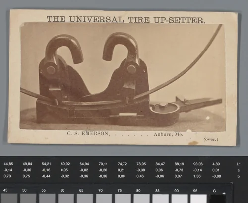 Reclame voor een apparaat om banden mee op te spannen by anonymous, photograph, 1876