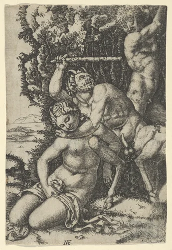 A satyr fighting for a nymph by anonymous, print, 1505-1515