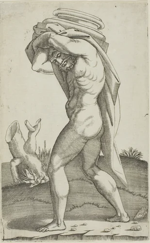 Man Carrying the Base of a Column by Agostino dei Musi, print, 1515-1530