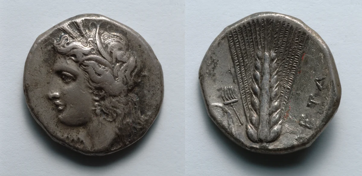 Stater: Head of Demeter (obverse); Barley (reverse) by Unknown, metalwork, -330--300