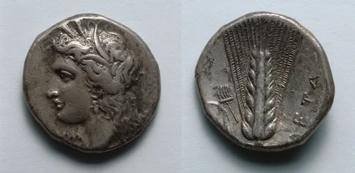Stater: Head of Demeter (obverse); Barley (reverse) by Unknown, metalwork, -330--300