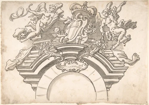 Putti Supporting Coat of Arms above Archway by anonymous, drawing, 1600-1799