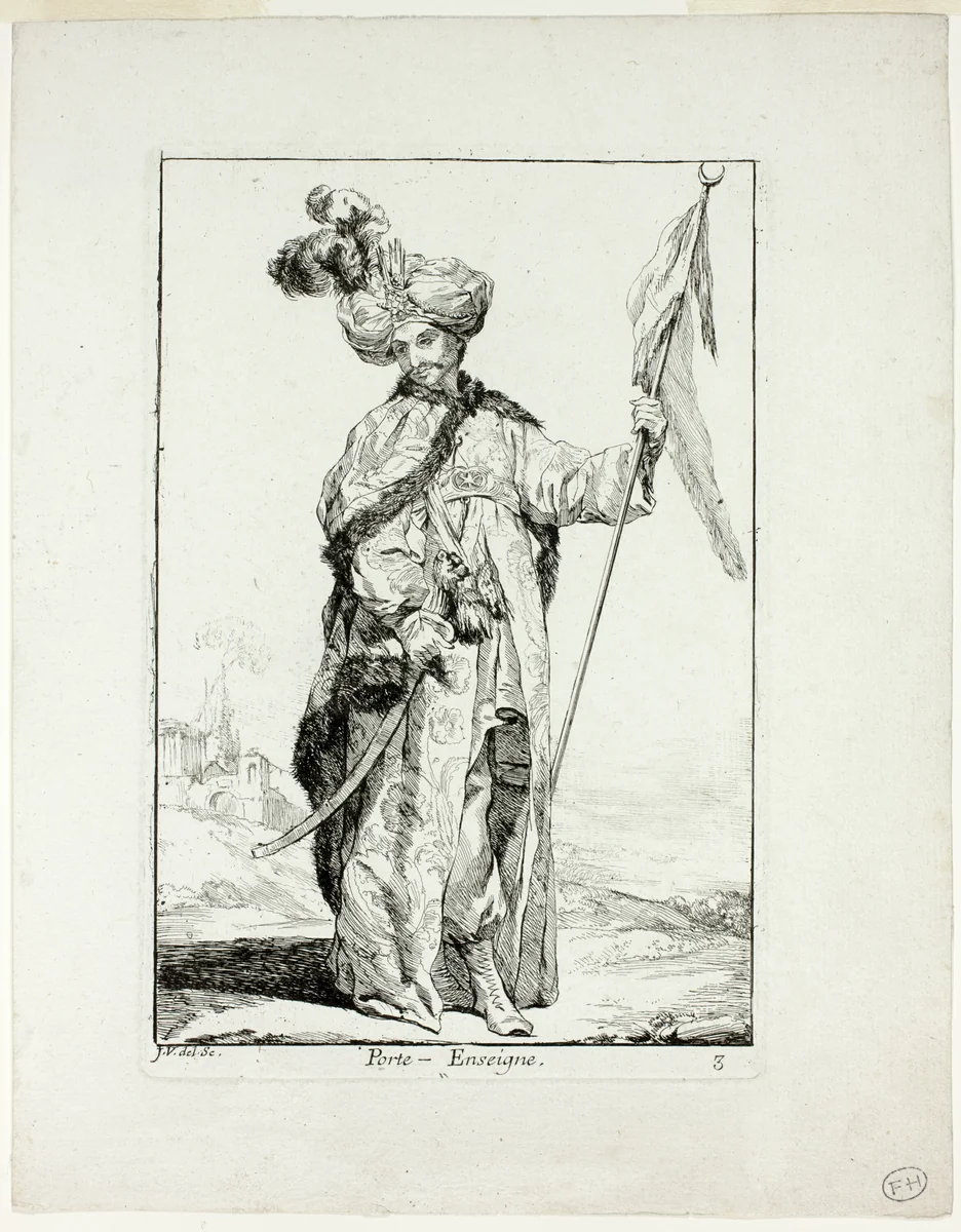 Porte-Enseigne, plate three from Caravanne du Sultan à la Mecque by Joseph-Marie Vien, print, 1748