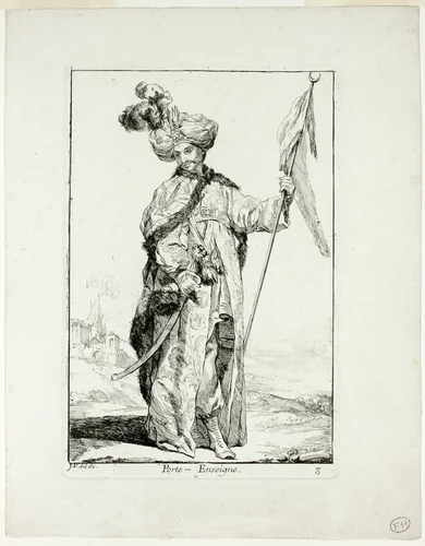 Porte-Enseigne, plate three from Caravanne du Sultan à la Mecque by Joseph-Marie Vien, print, 1748
