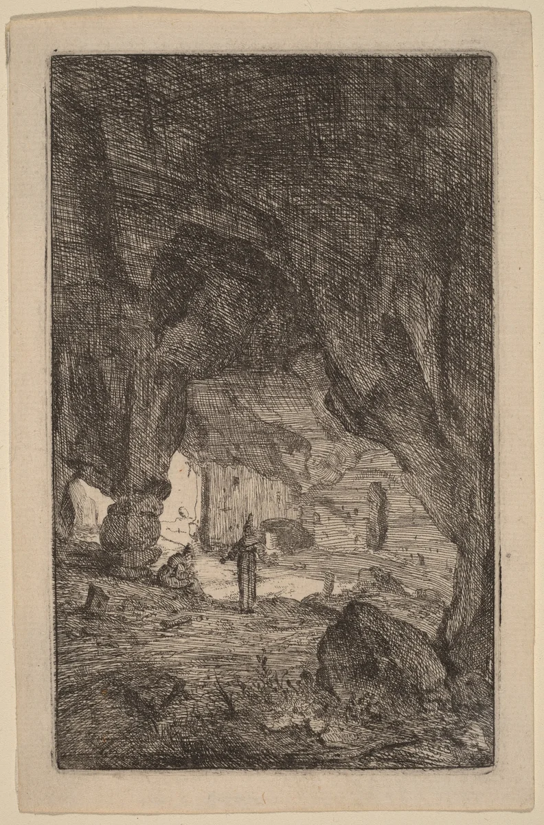 Grotto with Friars by Bartholomeus Breenbergh, print, 1599-1657
