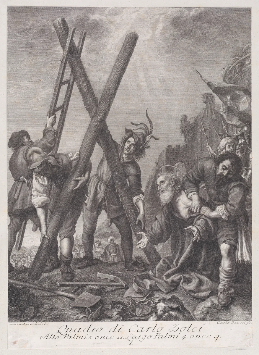 Saint Andrew kneeling and adoring the cross by Carlo Faucci, print, 1750-1780