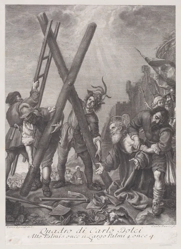 Saint Andrew kneeling and adoring the cross by Carlo Faucci, print, 1750-1780