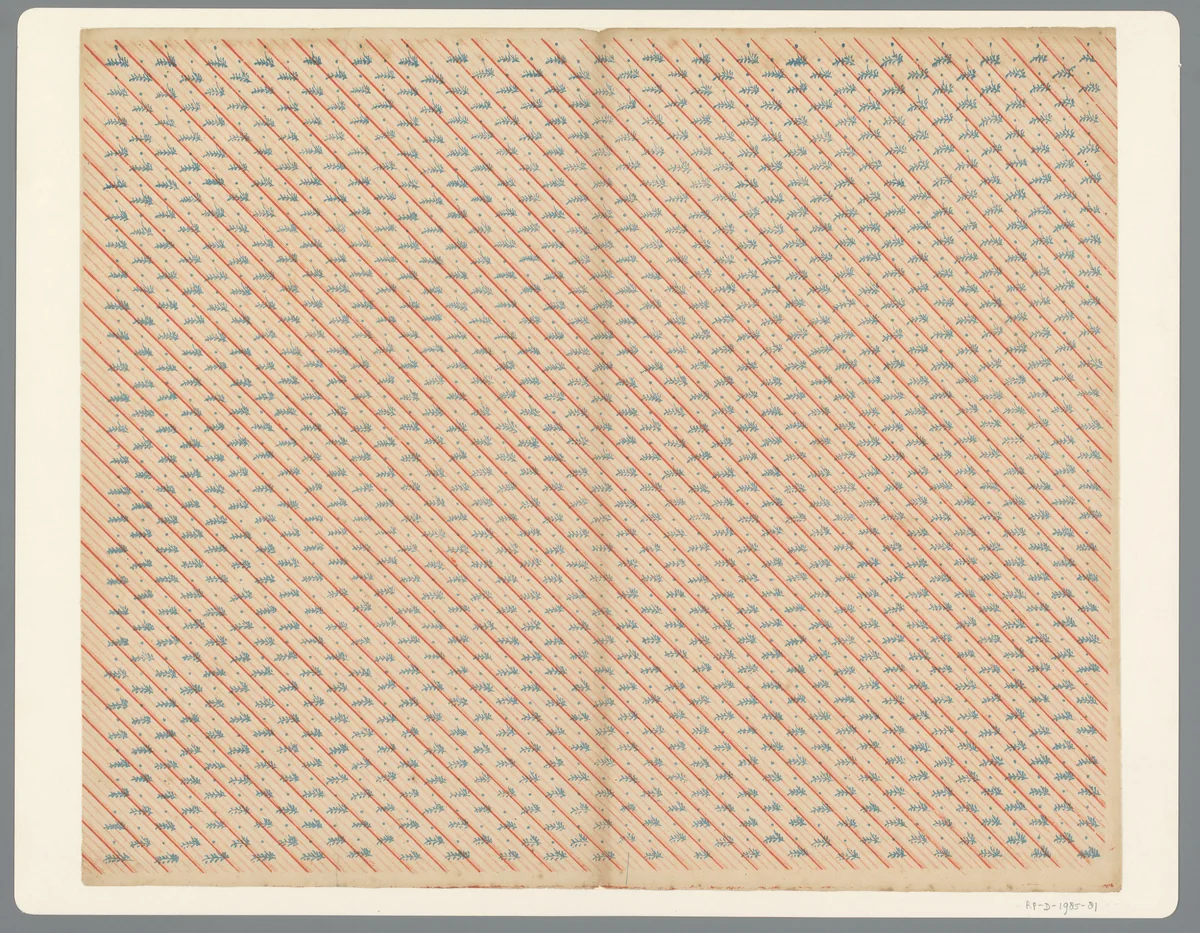Blad met strooipatroon van takjes over diagonaal lijnenpatroon by anonymous, print, 1850-1950