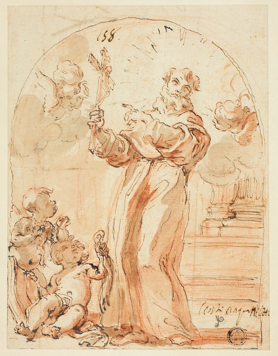 Standing Franciscan Saint Holding Crucifix by Giovanni Battista Gaulli, drawing, 1659-1800