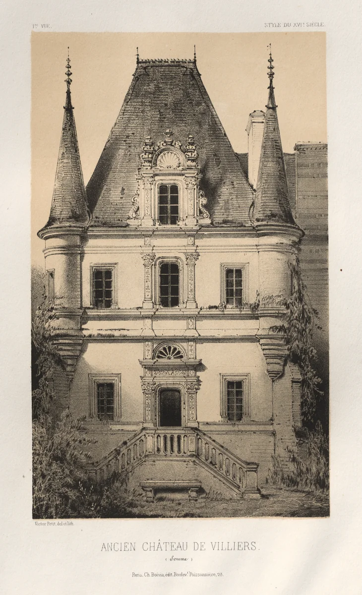 Architecture Pittoresque ou Monuments des xveme. Et xvieme. Siecles: Chateaux De France des XV et XVI Siecles: Pl. 1, Ancien Chateau de Villiers (Somme) by Victor Petit, print, 1860