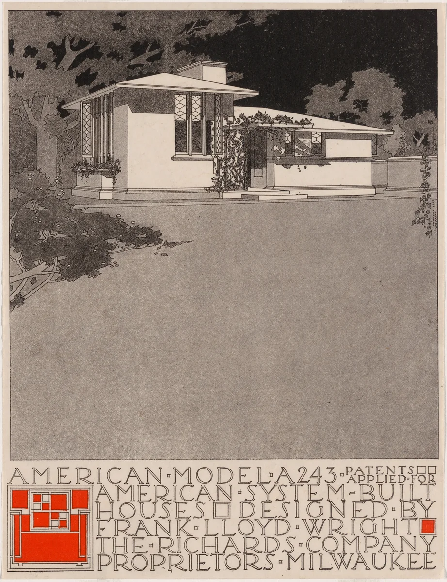 American System-Built Houses for The Richards Company, project, Milwaukee, Wisconsin, Perspective of model A243 by Frank Lloyd Wright, architecture, 1915