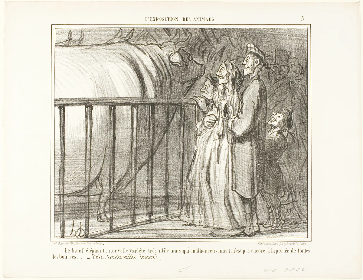 The Ox-Elephant, a new and very promising breed. Unfortunately still beyond the financial possibilities of the average citizen.... price: 30'000 francs, plate 5 from L'exposition Des Animaux by Honoré-Victorin Daumier, print, 1856
