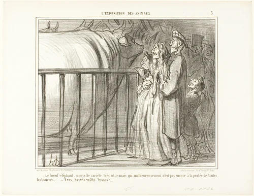The Ox-Elephant, a new and very promising breed. Unfortunately still beyond the financial possibilities of the average citizen.... price: 30'000 francs, plate 5 from L'exposition Des Animaux by Honoré-Victorin Daumier, print, 1856