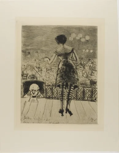 Plate from l'Assommoir (singer onstage with prompter) by Gaston La Touche, print, 1878