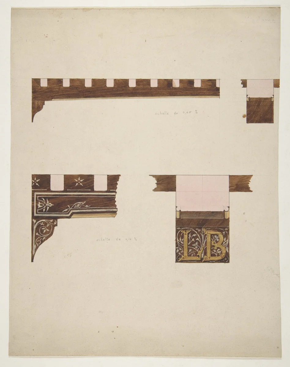 Designs for the painted decoration of ceiling timbers; one monogrammed: "LB" by Jules-Edmond-Charles Lachaise, drawing, 1850-1900