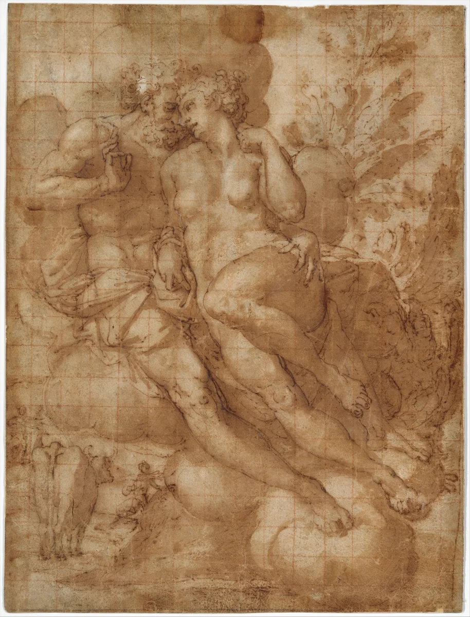 Jupiter and Io (recto); sketch of a male figure stabbing himself in the chest (verso) by Francesco Salviati, drawing, 1536-1570