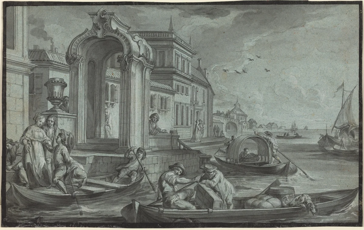 Venetian Fantasy with an Ornamental Arch by Johann Wolfgang Baumgartner, drawing, 1750-1759