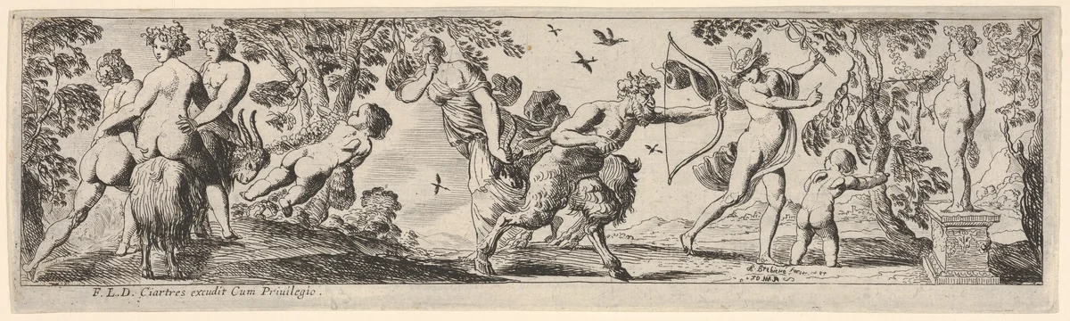Composition of figures arranged in a landscape foreground before a statue of a female goddess, at left two nude figures support a nude woman riding a goat led by a putto, at center a draped woman holds one finger to her eye behind a satyr holding a bow, at right Mercury twists away from the satyr, from a series of twelve frieze-like designs showing bacchanals, sacrifices, and dances by Pierre Brebiette, print, 1617-1625