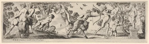 Composition of figures arranged in a landscape foreground before a statue of a female goddess, at left two nude figures support a nude woman riding a goat led by a putto, at center a draped woman holds one finger to her eye behind a satyr holding a bow, at right Mercury twists away from the satyr, from a series of twelve frieze-like designs showing bacchanals, sacrifices, and dances by Pierre Brebiette, print, 1617-1625