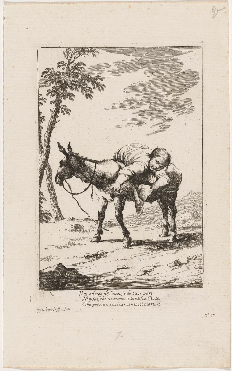 Bertoldino Lying on a Donkey by Giuseppe Maria Crespi, print, 1705-1715