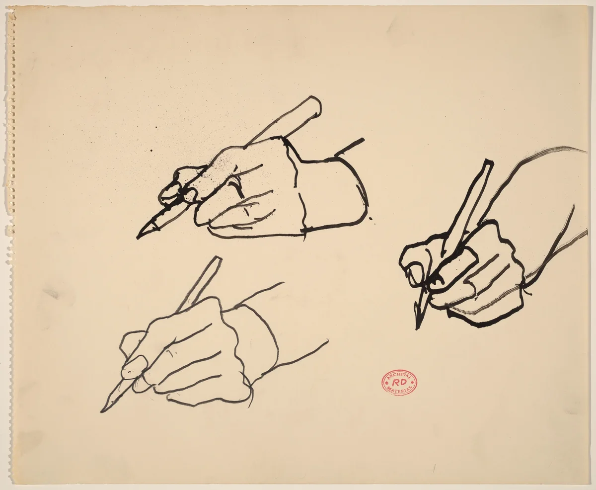Untitled [three studies of a hand holding a writing tool] by Richard Diebenkorn, drawing, 1955-1967