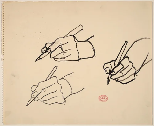 Untitled [three studies of a hand holding a writing tool] by Richard Diebenkorn, drawing, 1955-1967