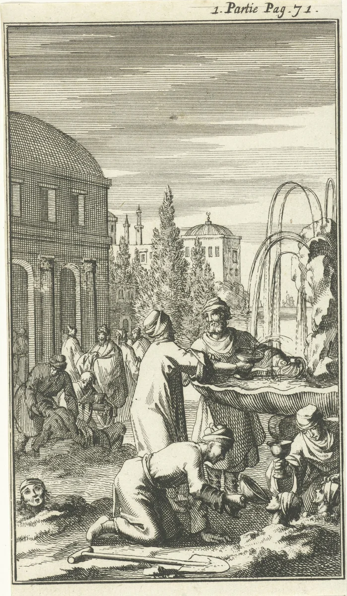 Heilzame fontein te Constantinopel waar de zieken in de bodem worden begraven en gedrenkt by Jan Luyken, print, 1689