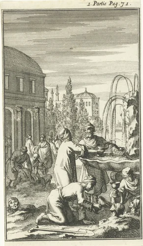 Heilzame fontein te Constantinopel waar de zieken in de bodem worden begraven en gedrenkt by Jan Luyken, print, 1689