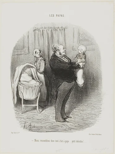 “- We really look like Papa, don't we... little Cherub!,” plate 14 from Les Papas by Honoré-Victorin Daumier, print, 1847