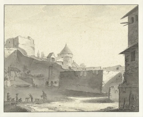 Gezicht op de brug over de Erdre te Nantes by Willem Schellinks, drawing, 1637-1678