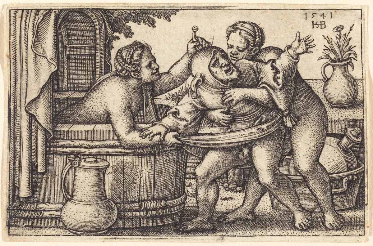 Fool and Two Bathing Women by Sebald Beham, print, 1541