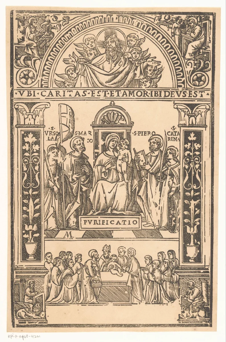 Maria met Kind en heiligen by Monogrammist AM, print, 1500-1599