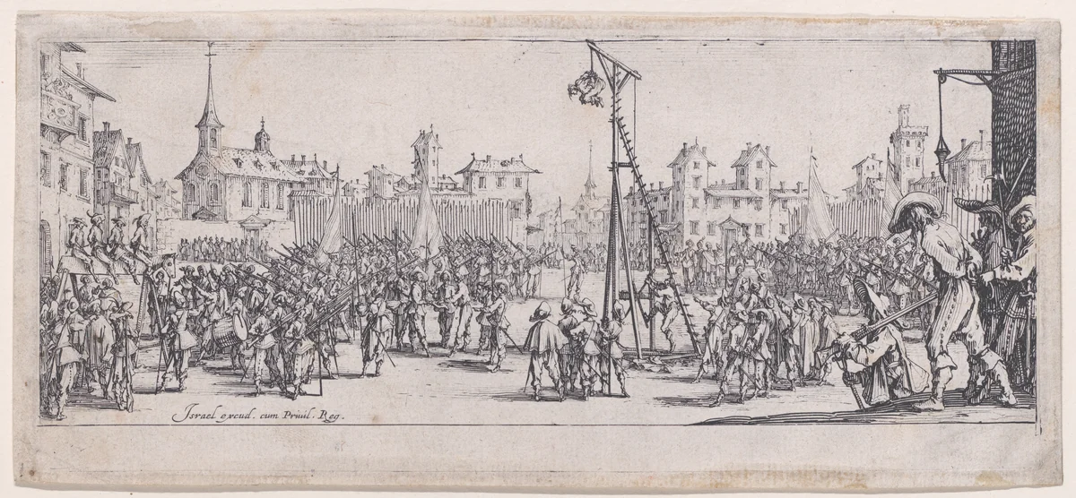 L'Estrapade (Strappado), from Les Misères et les Mal-Heures de la Guerre (The Miseries and Misfortunes of War), plate 10 by Jacques Callot, print, 1633