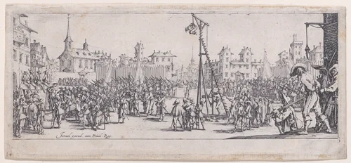 L'Estrapade (Strappado), from Les Misères et les Mal-Heures de la Guerre (The Miseries and Misfortunes of War), plate 10 by Jacques Callot, print, 1633