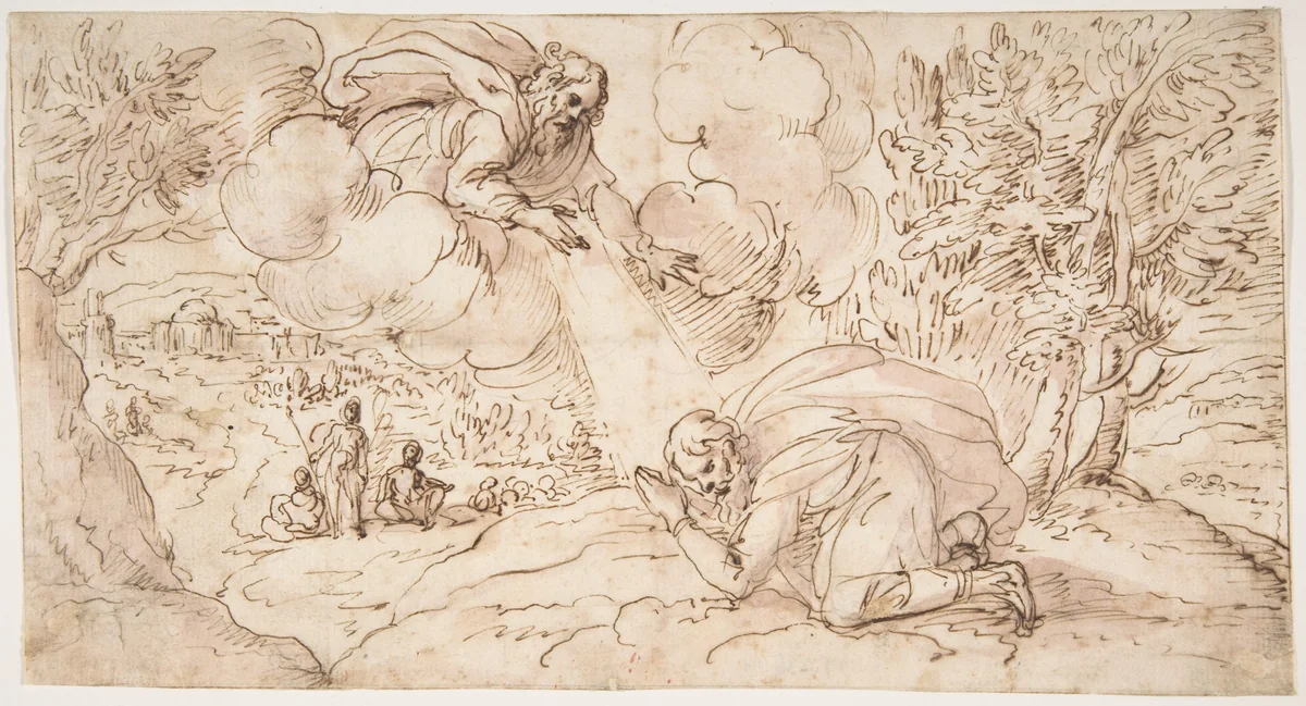 God the Father Appearing to a Kneeling Figure by Micco Spadaro, drawing, 1612-1675