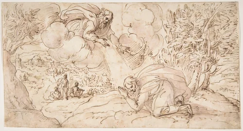 God the Father Appearing to a Kneeling Figure by Micco Spadaro, drawing, 1612-1675