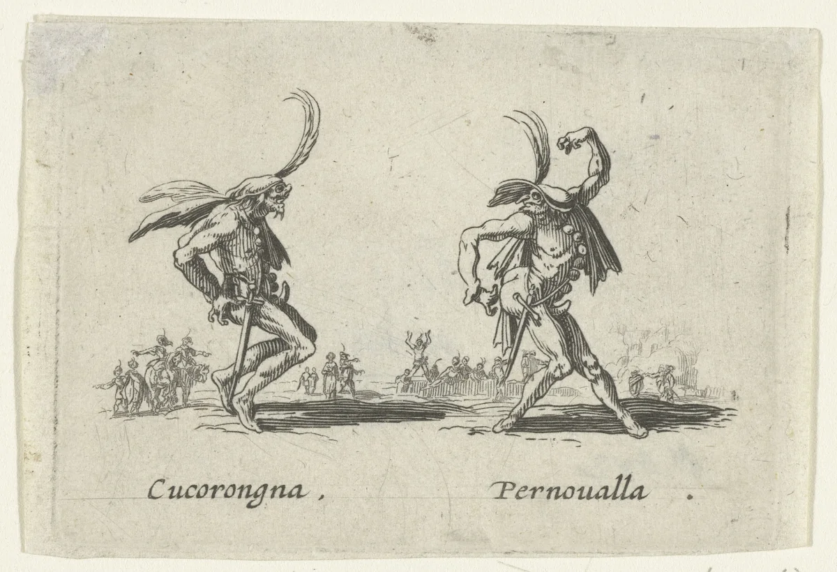 Twee straatartiesten als Cucorongna en Pernoualla by anonymous, print, 1622-1670