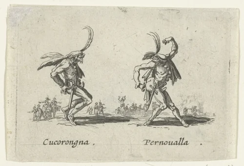 Twee straatartiesten als Cucorongna en Pernoualla by anonymous, print, 1622-1670