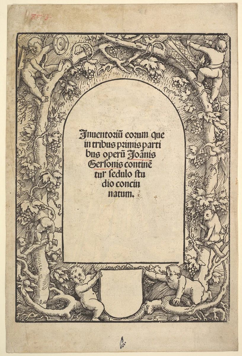 Title Border with Five Genii and a Monkey by Hans Baldung, print, 1510