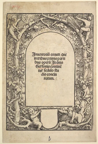 Title Border with Five Genii and a Monkey by Hans Baldung, print, 1510