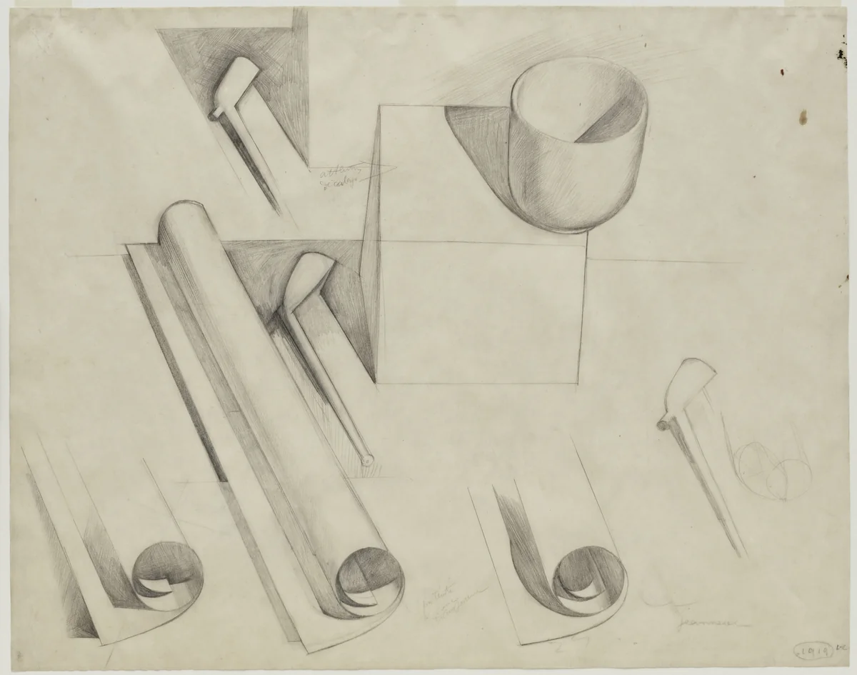 Bol, Pipes, et Papiers Enroulés (Cup, Pipes, and Paper Rolls) by Le Corbusier, drawing, 1919
