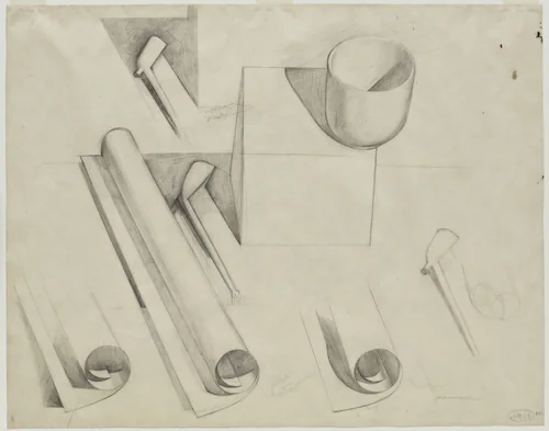 Bol, Pipes, et Papiers Enroulés (Cup, Pipes, and Paper Rolls) by Le Corbusier, drawing, 1919