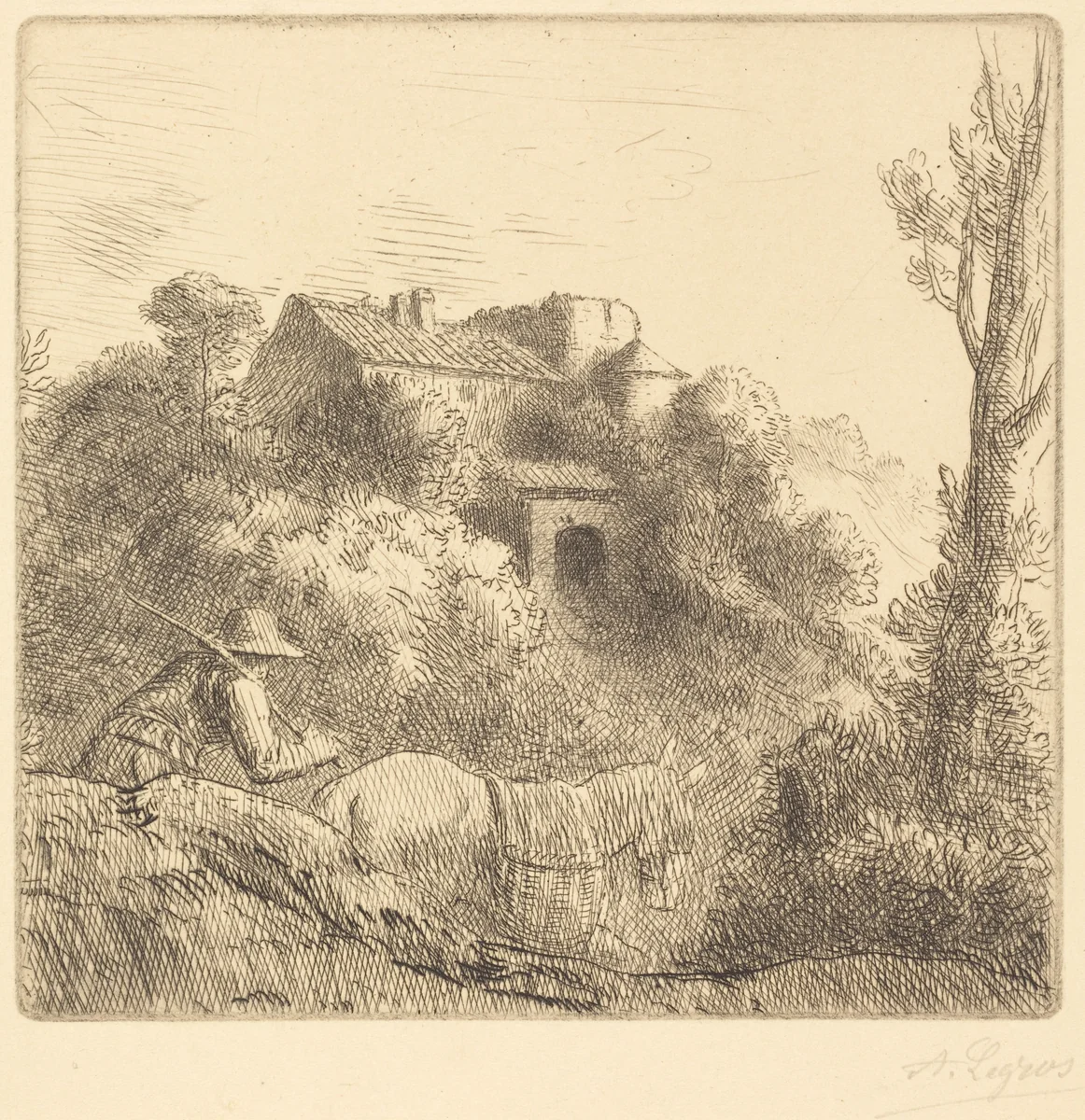 Farm on a Hill (La ferme sur la colline) by Alphonse Legros, print, 1837-1911