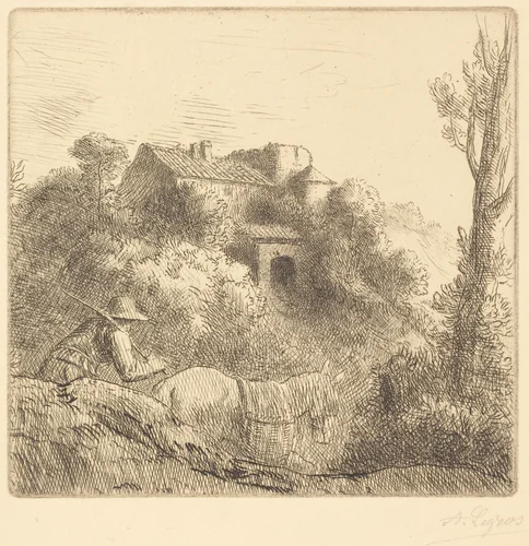 Farm on a Hill (La ferme sur la colline) by Alphonse Legros, print, 1837-1911