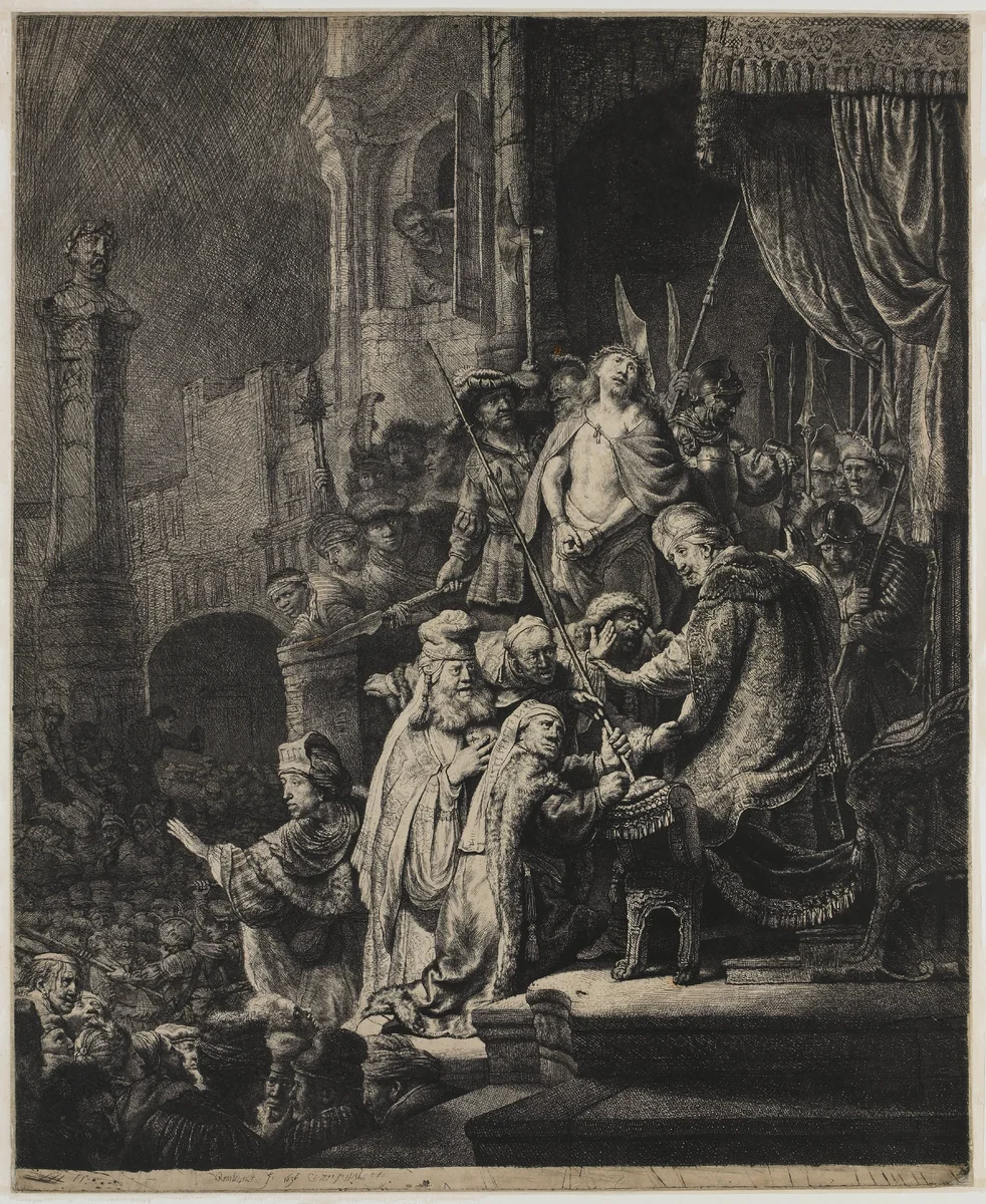 Christ before Pilate: large plate by Rembrandt van Rijn, print, 1635