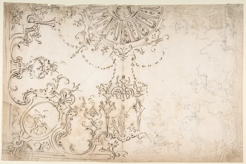 Design for One Half of a Ceiling with Elaborate Medaillons and Figures by Donato Giuseppe Frisoni, drawing, 1709-1730